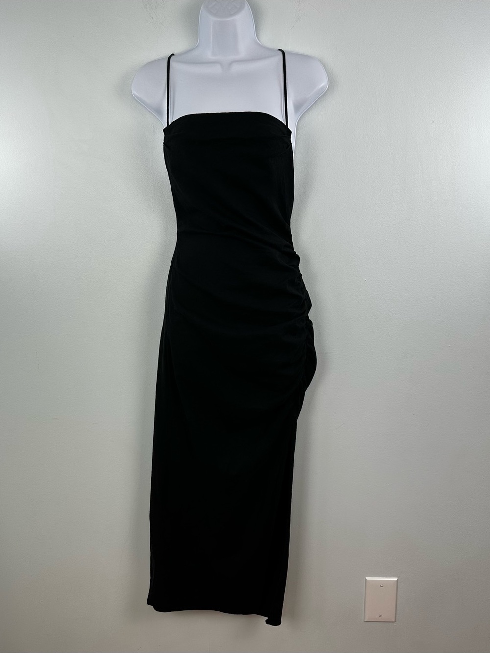 Zara Black Square Neck Spaghetti-Strap Ruched Midi Dress Size Small Party